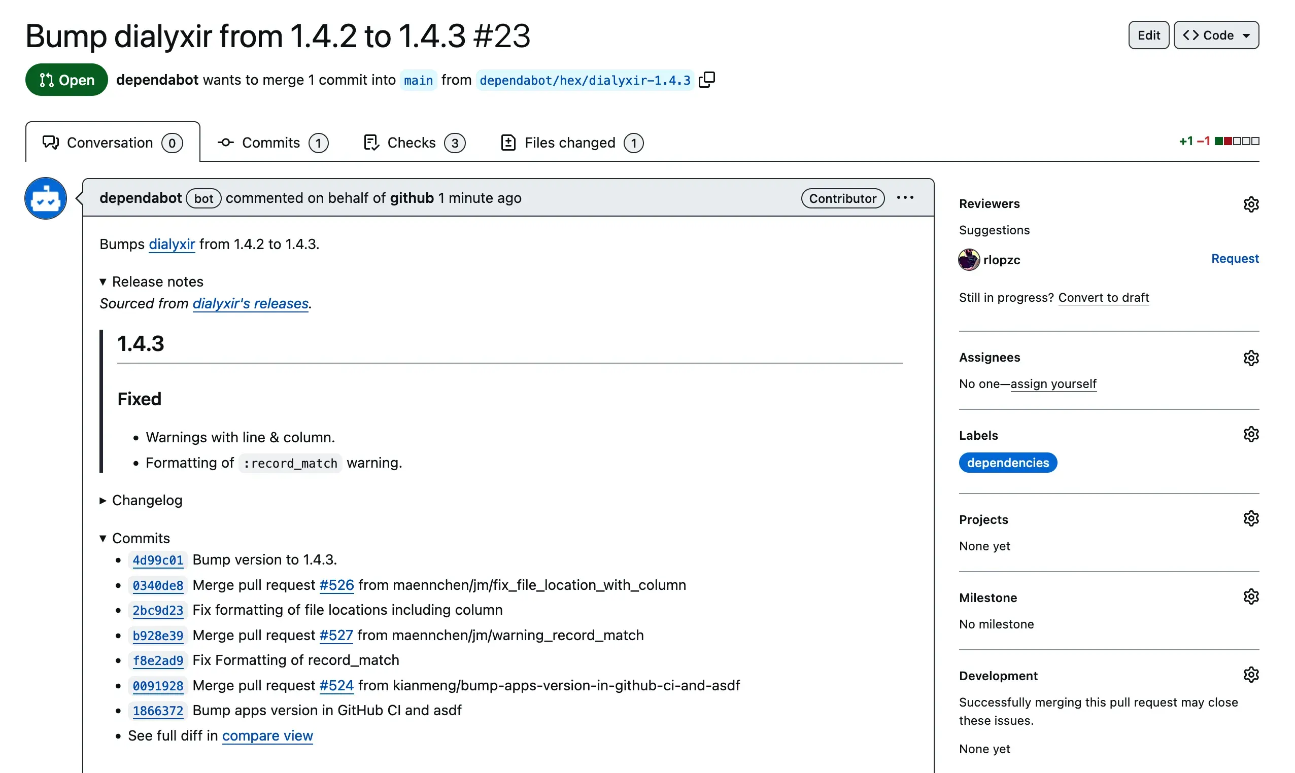 Dependabot PR updating Dialyzer dependency